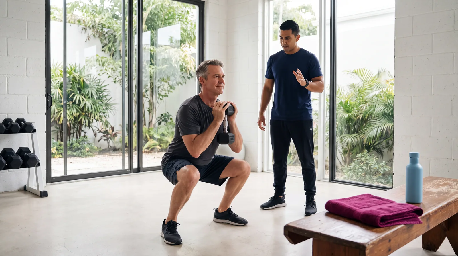 Man in his fifties doing goblet squats with a trainer in a private Miami studio