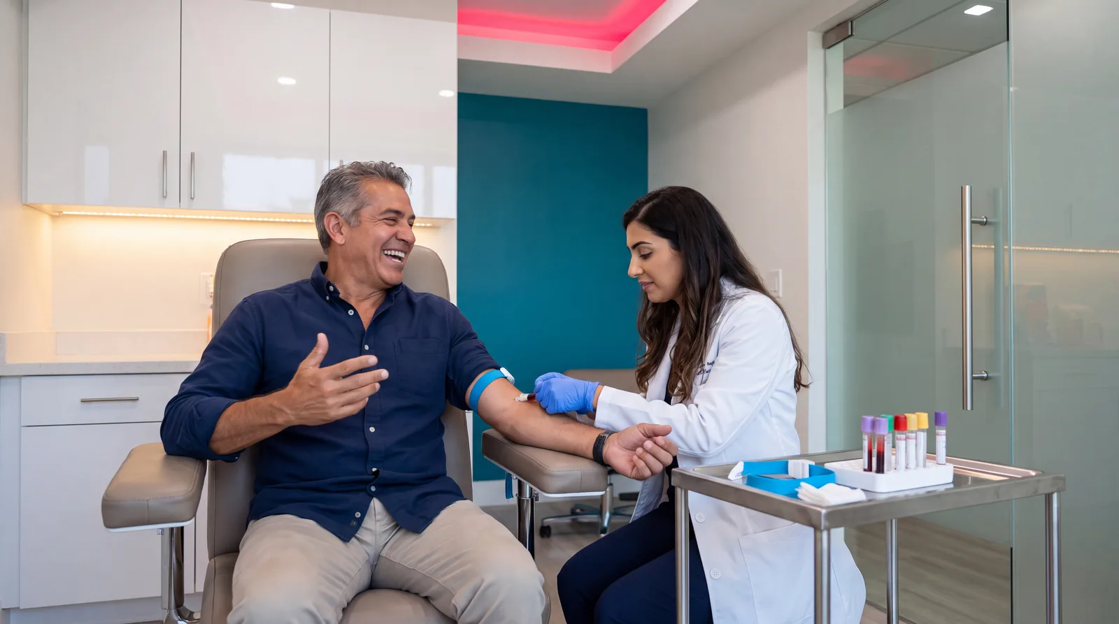 Nurse drawing blood from a fit man in his fifties in a bright white clinic exam room