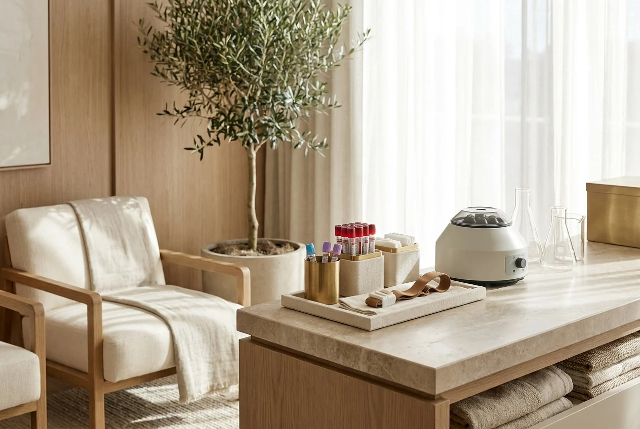 Doctor and patient in a private consultation room engaged in a calm, focused discussion under editorial clinical lighting