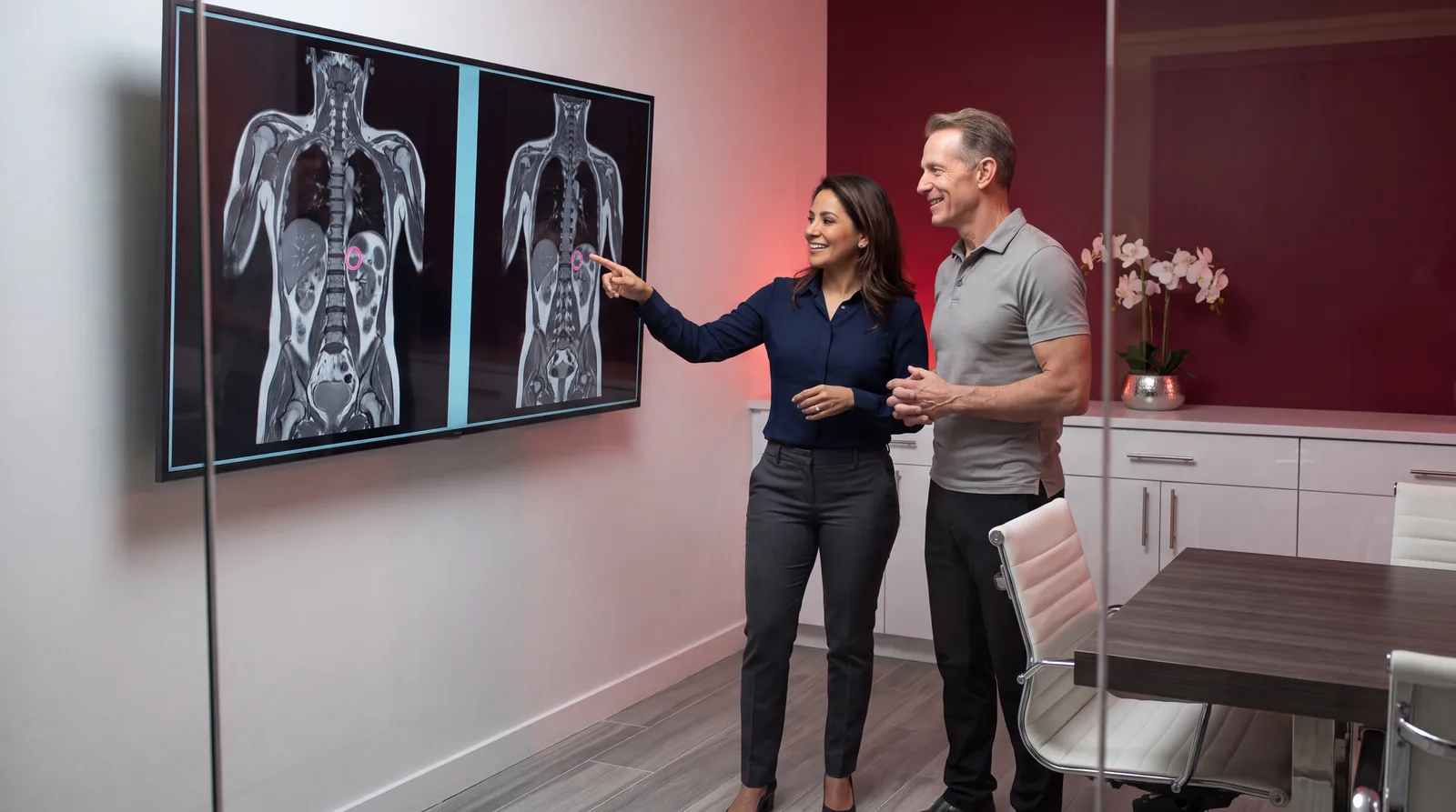 Physician and patient standing at a wall monitor comparing two whole-body MRI image series side by side