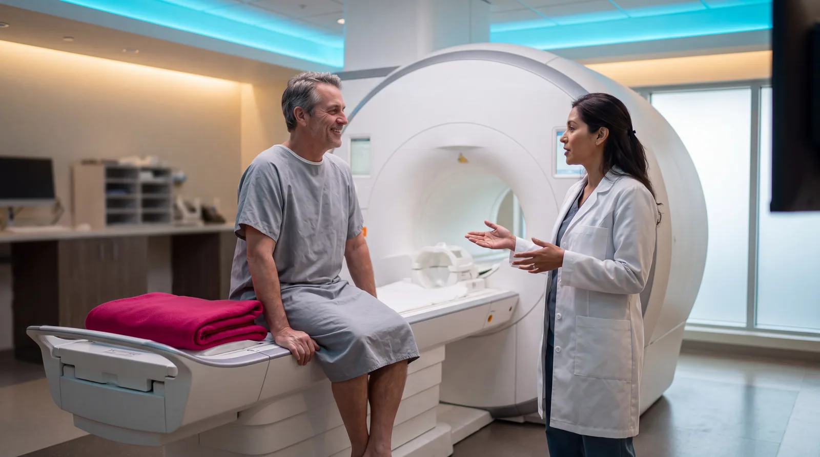 Man in his fifties talking with a radiologist beside a large MRI machine