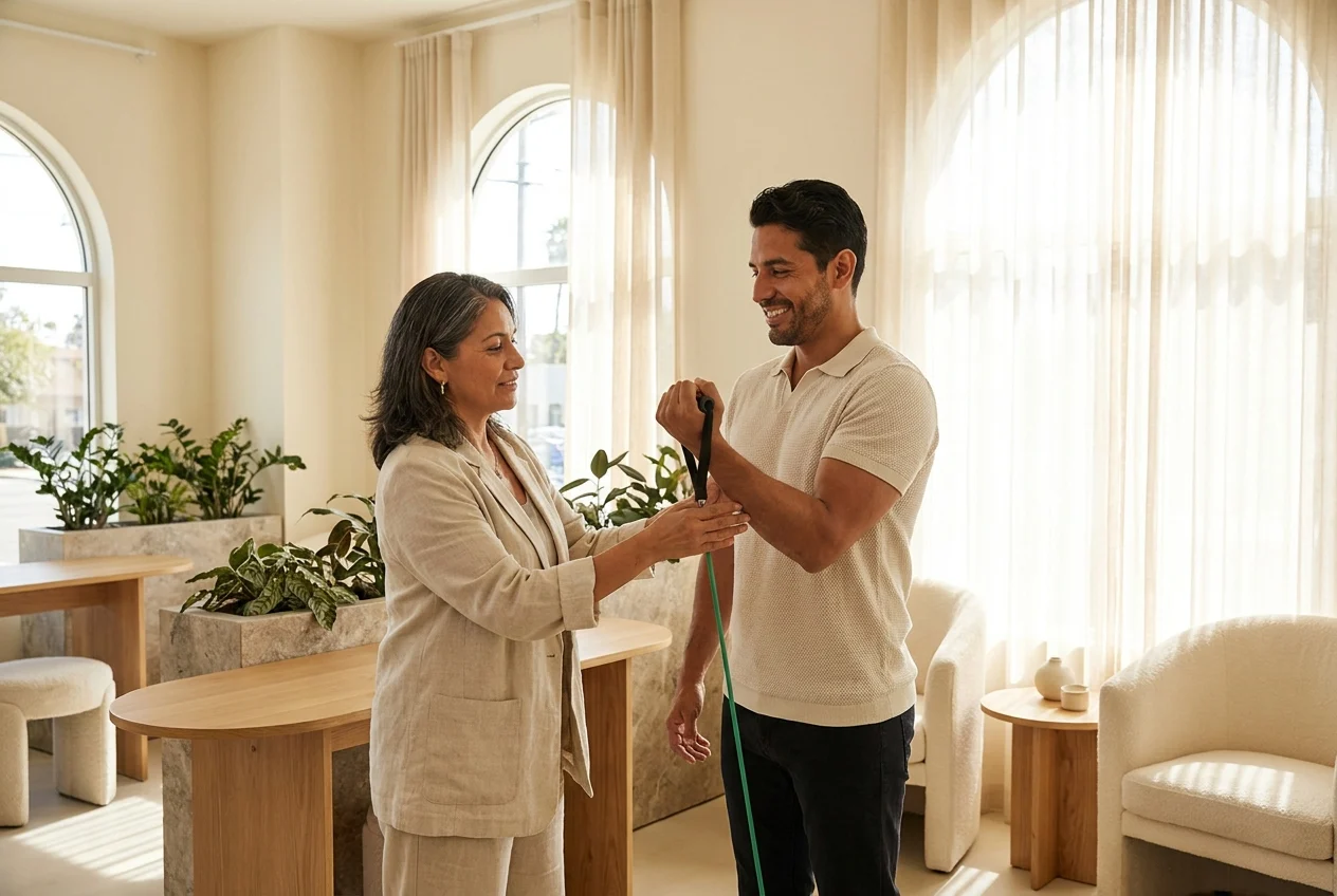 Fit diverse adults in their 50s performing grip and resistance training exercises in a premium clinical wellness environment