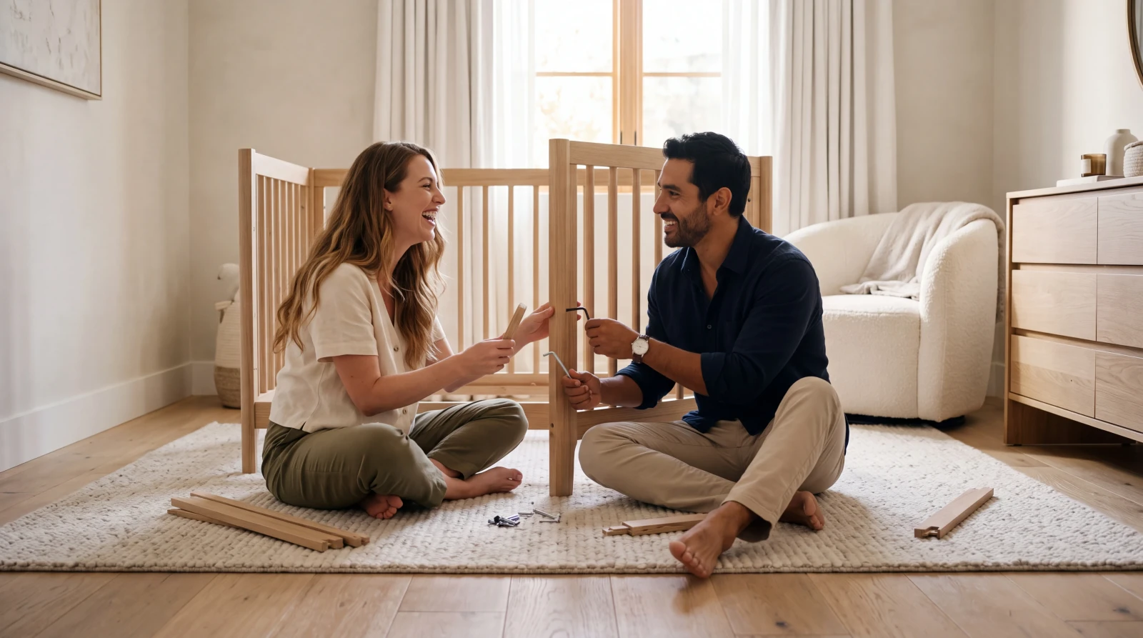 Couple in their thirties sitting together on the floor of a half-finished nursery