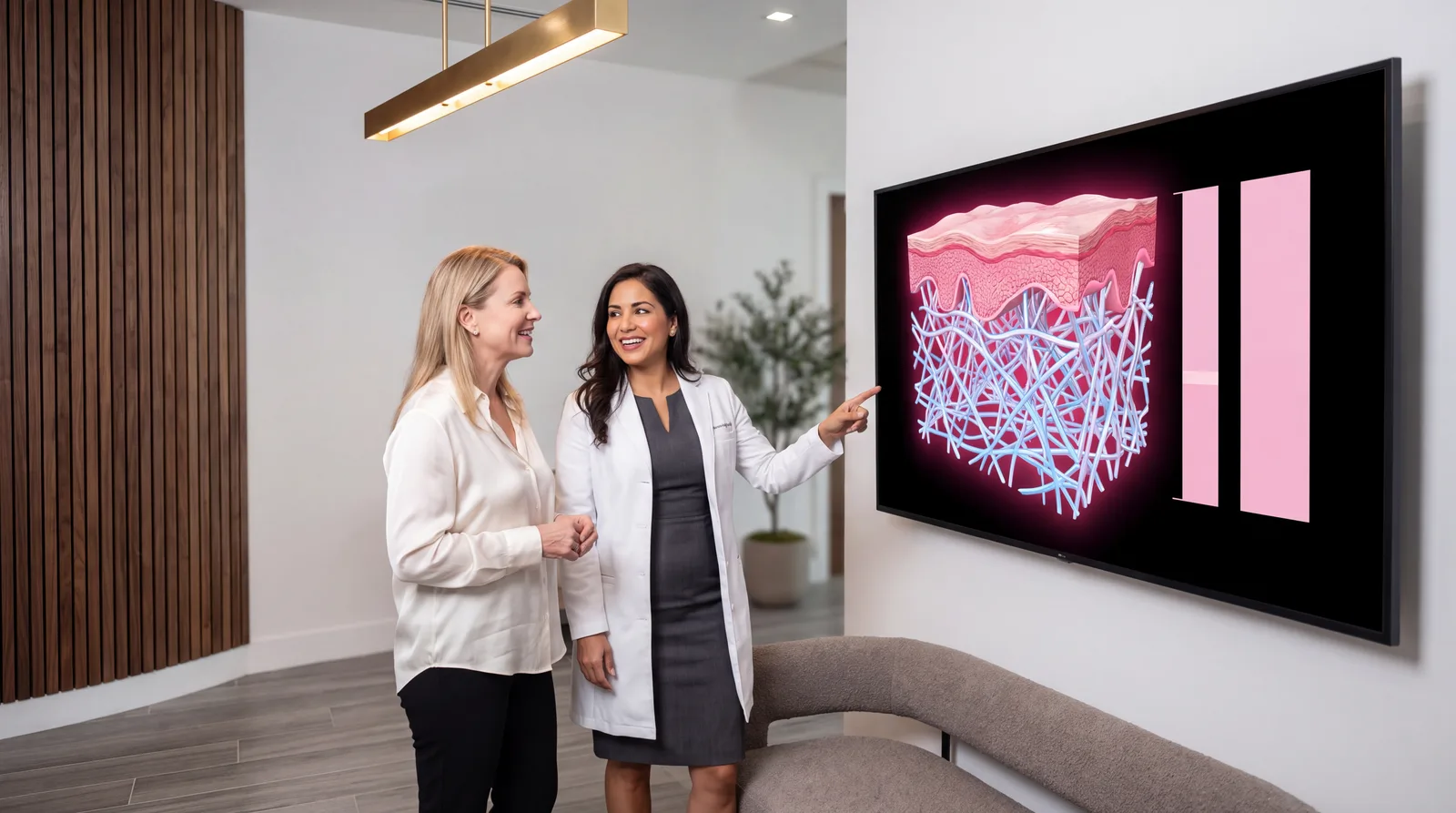 Two women study a large wall monitor showing a cross-section render of skin layers and collagen