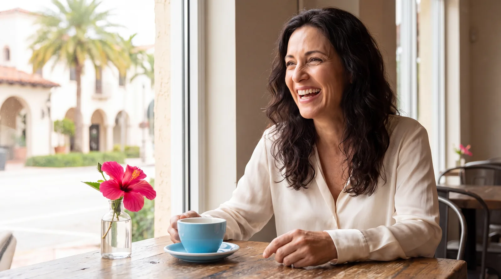 Woman in her fifties with glowing skin laughing in soft window light at a café