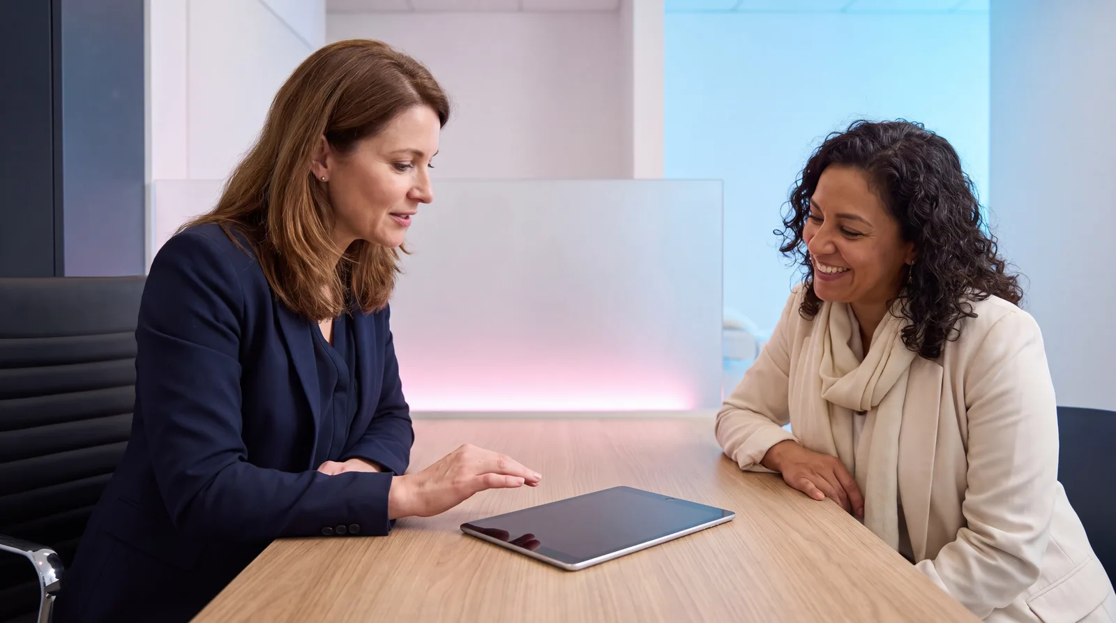 Aesthetic physician and patient in conversation across a walnut consultation desk in a Miami clinic