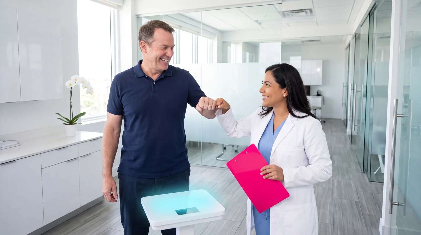 Patient and clinician celebrating his progress at a follow-up weigh-in