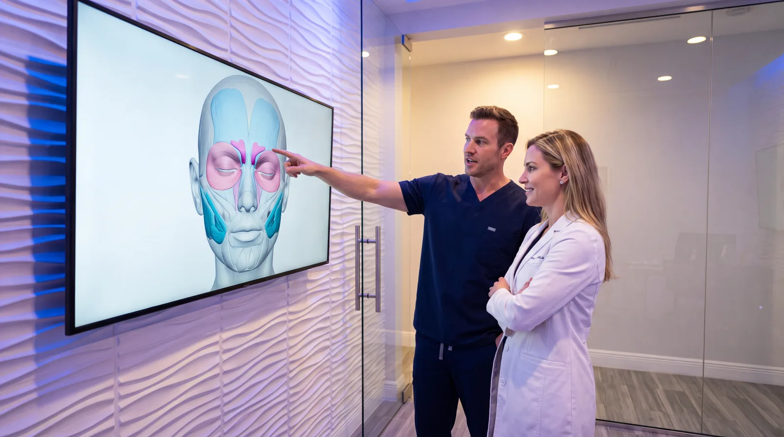 Two clinicians study a large anatomical render of facial muscles lit in magenta and cyan