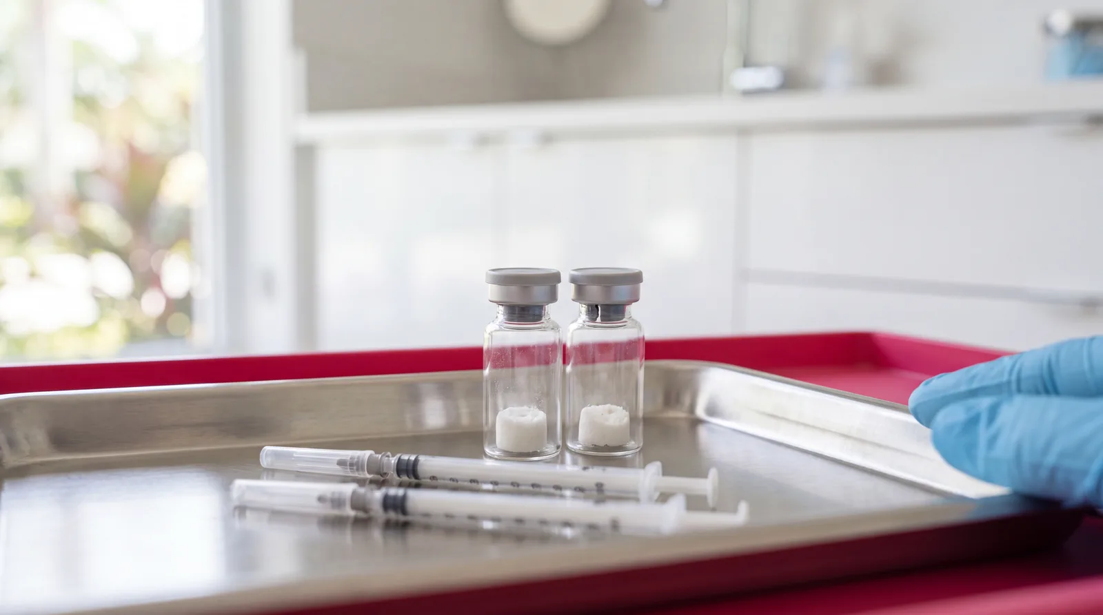 Two small vials of neuromodulator powder side by side on a treatment-room tray