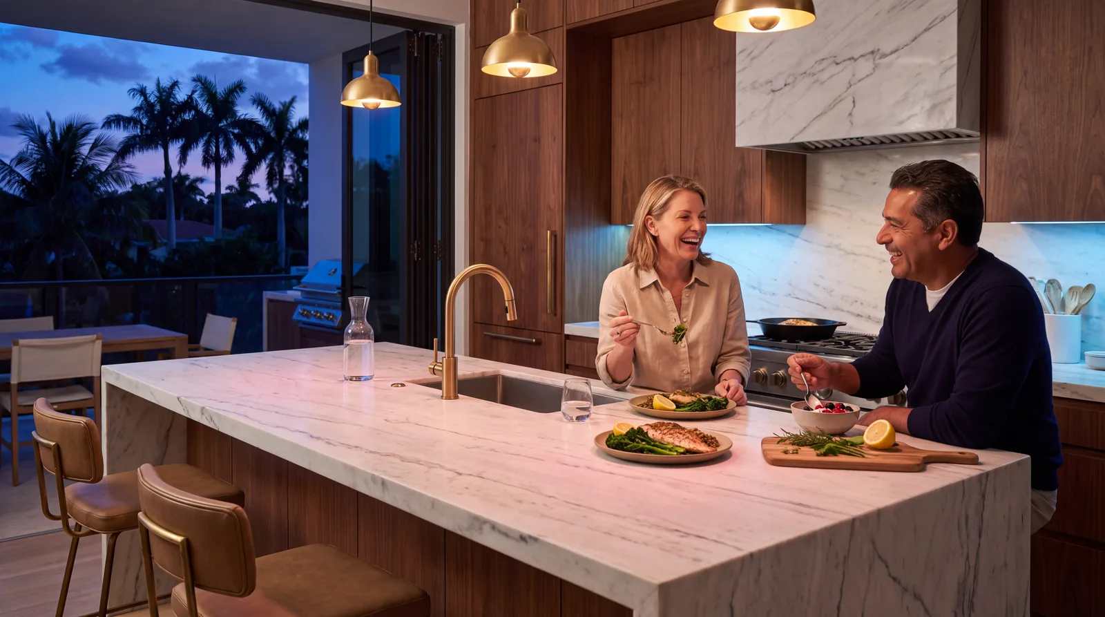 Couple eating a high-protein grilled fish and greens dinner at a marble kitchen island in Miami