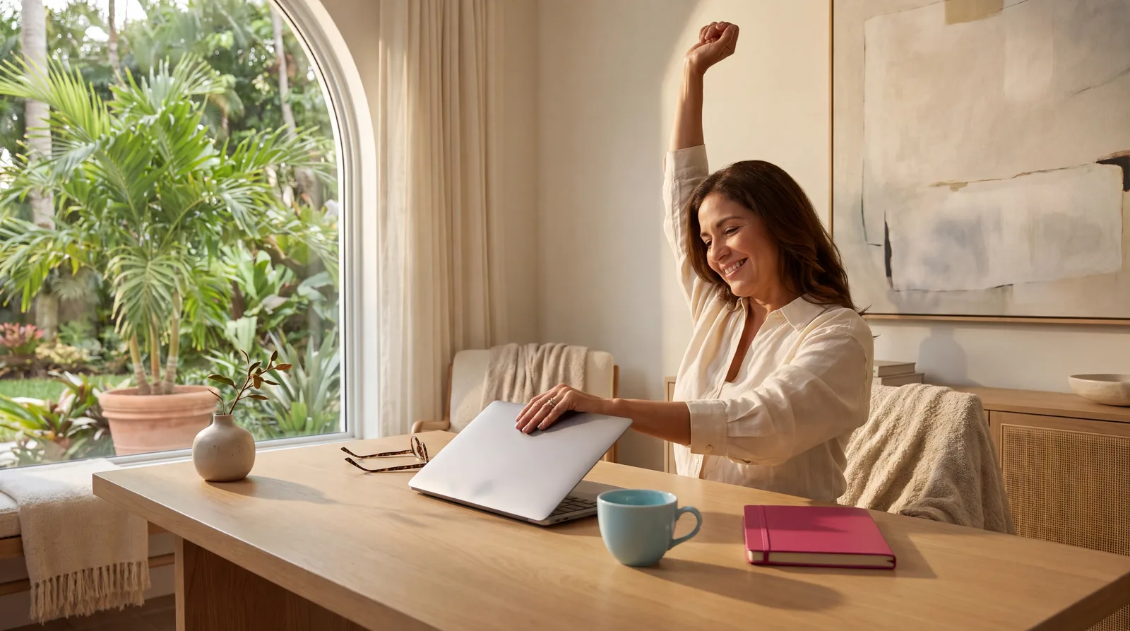 Woman in her fifties closing her laptop and stretching at the end of a work day