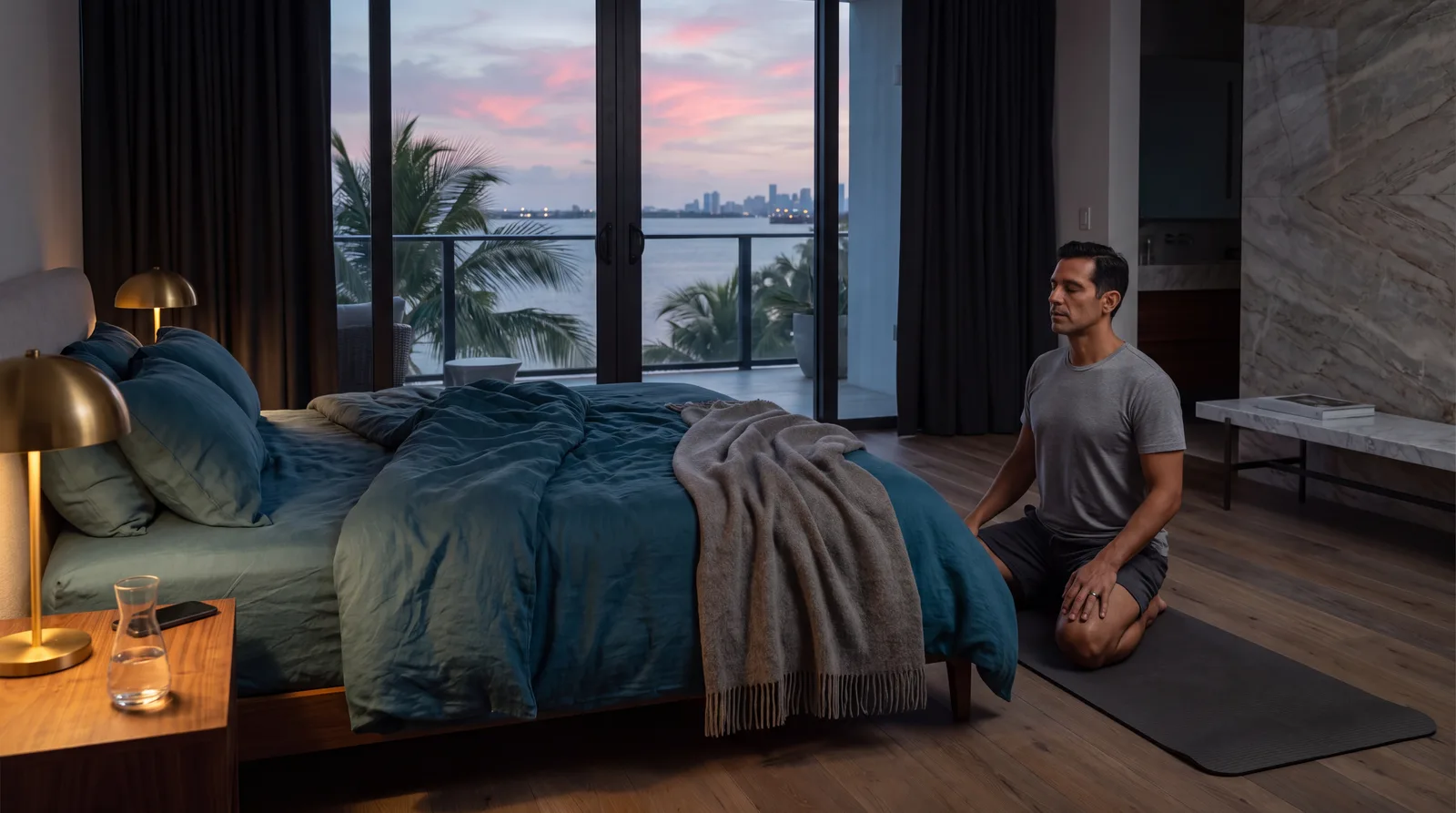 Man stretching on a mat in a dark Miami bedroom at dusk, phone face down, bay lights beyond