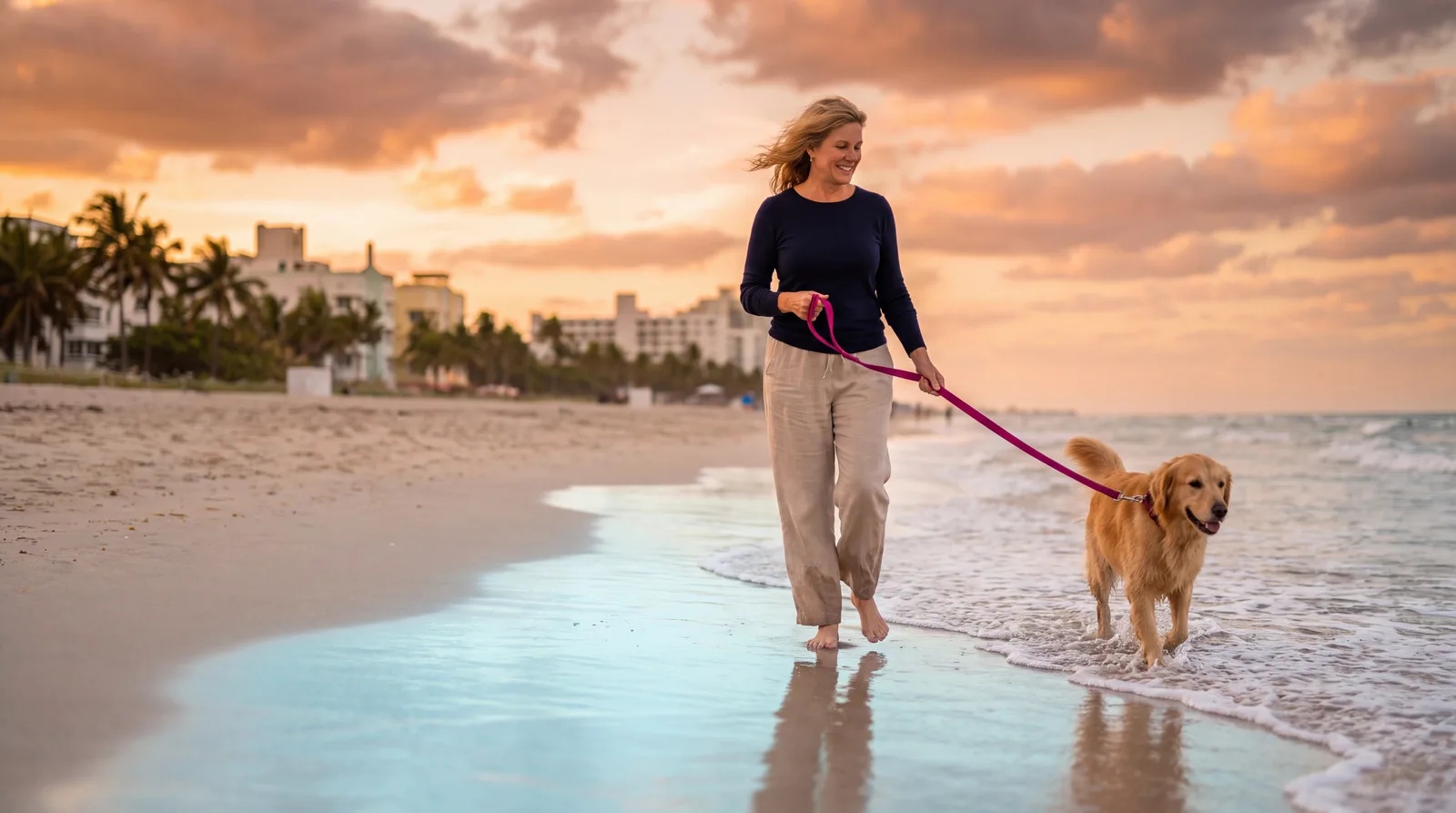 Woman in her fifties walking her dog on the beach at sunset