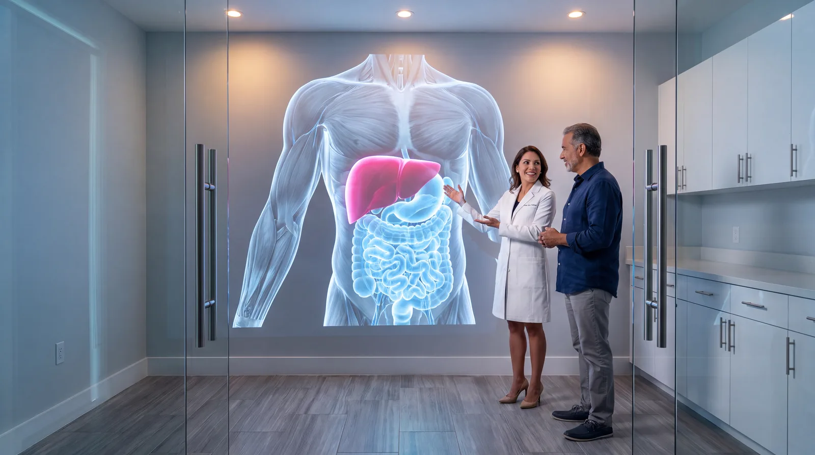 Clinician and patient study a large projected torso render showing liver and abdominal fat lit in colour