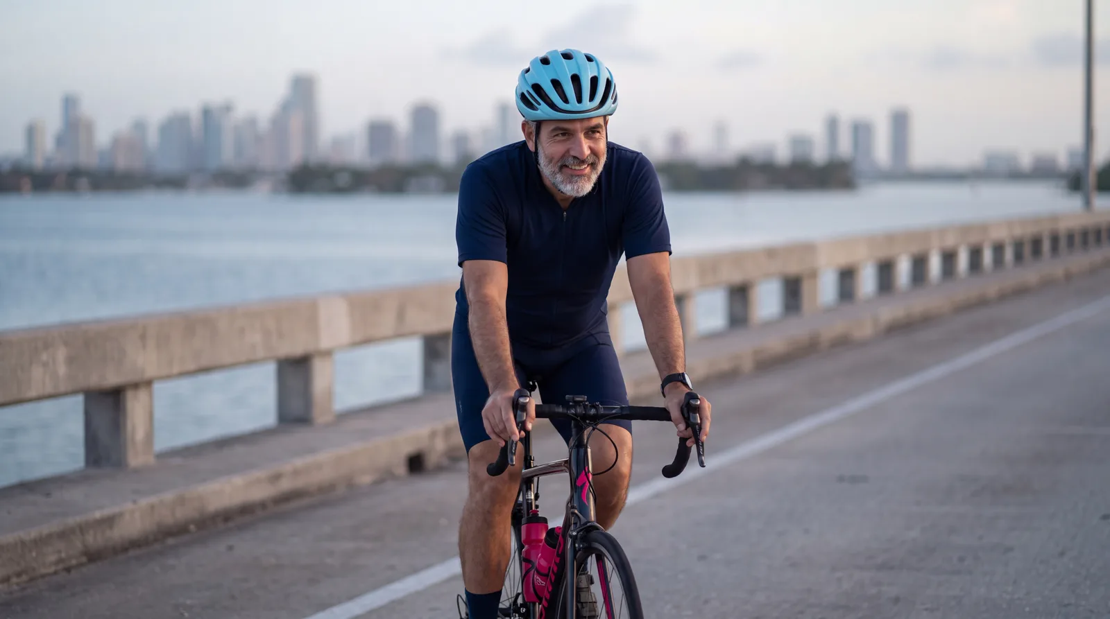 Man in his fifties on an early-morning bike ride along the Venetian Causeway