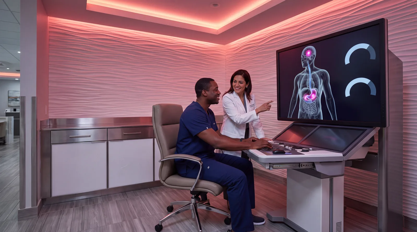Technologist and physician at a scan workstation studying a body render with brain, stomach and pancreas lit