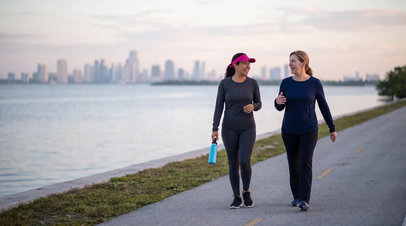 Woman in her fifties on a morning walk across the Rickenbacker Causeway