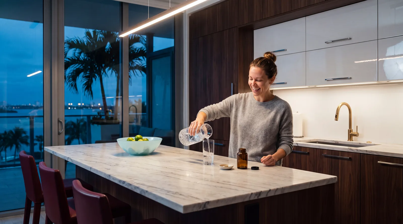 Woman at a marble kitchen island in a Miami apartment pouring water, bare-faced the night before treatment