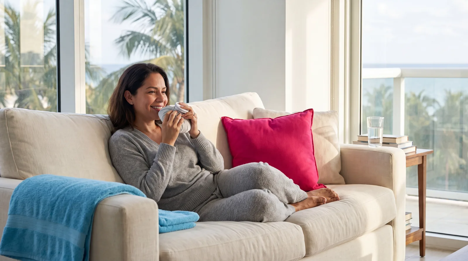 Woman resting on a sofa holding a cold compress to her lips after lip filler