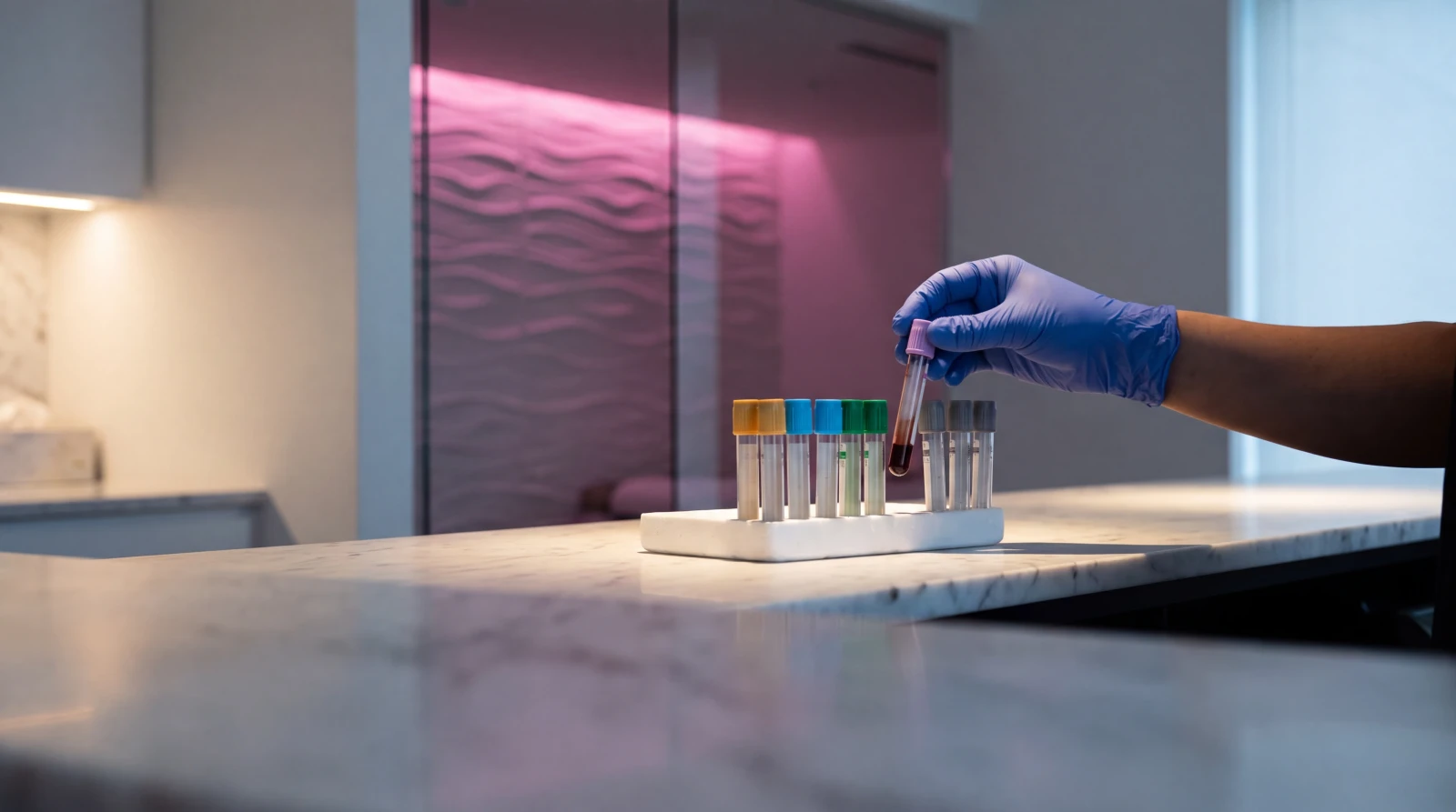 Macro photograph of a rack of unlabelled blood collection tubes with coloured caps on brushed steel
