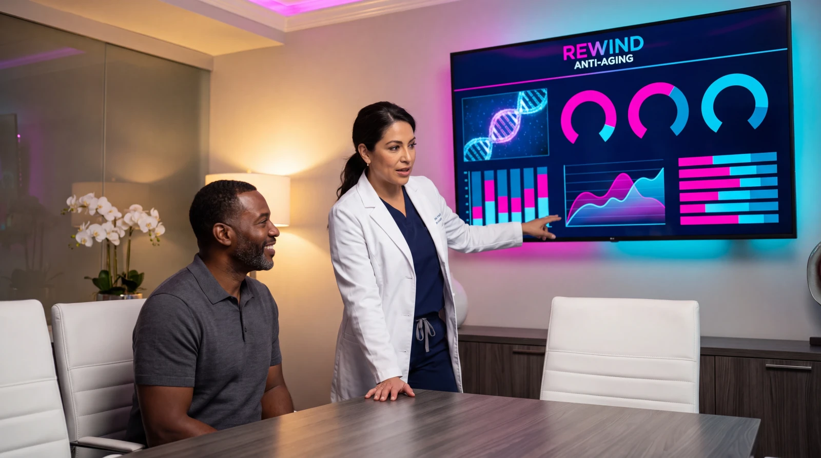 Clinician reviewing lab results with a patient across a consulting room table in a Miami longevity clinic