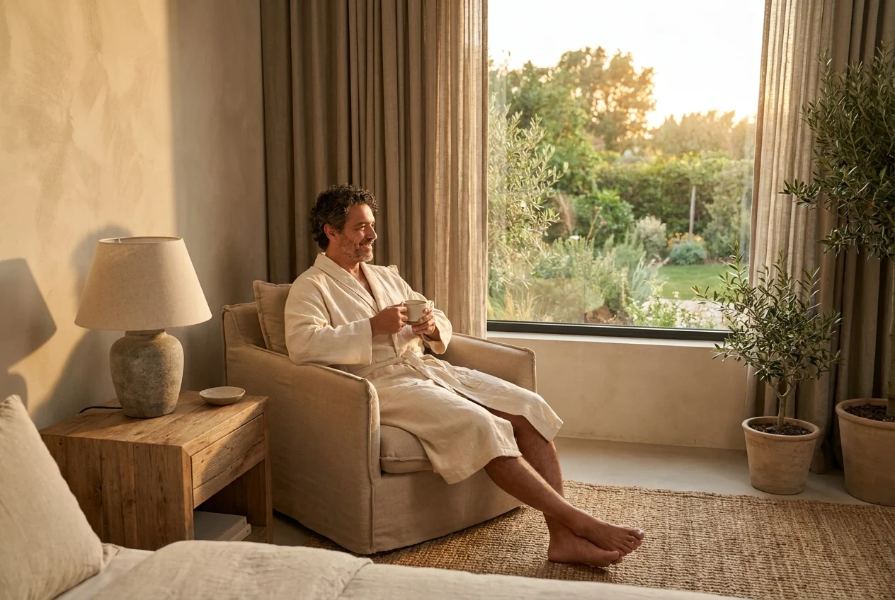 Middle-aged man with fatigued posture under cool clinical light transitioning to relaxed calm, suggesting magnesium deficiency and restoration