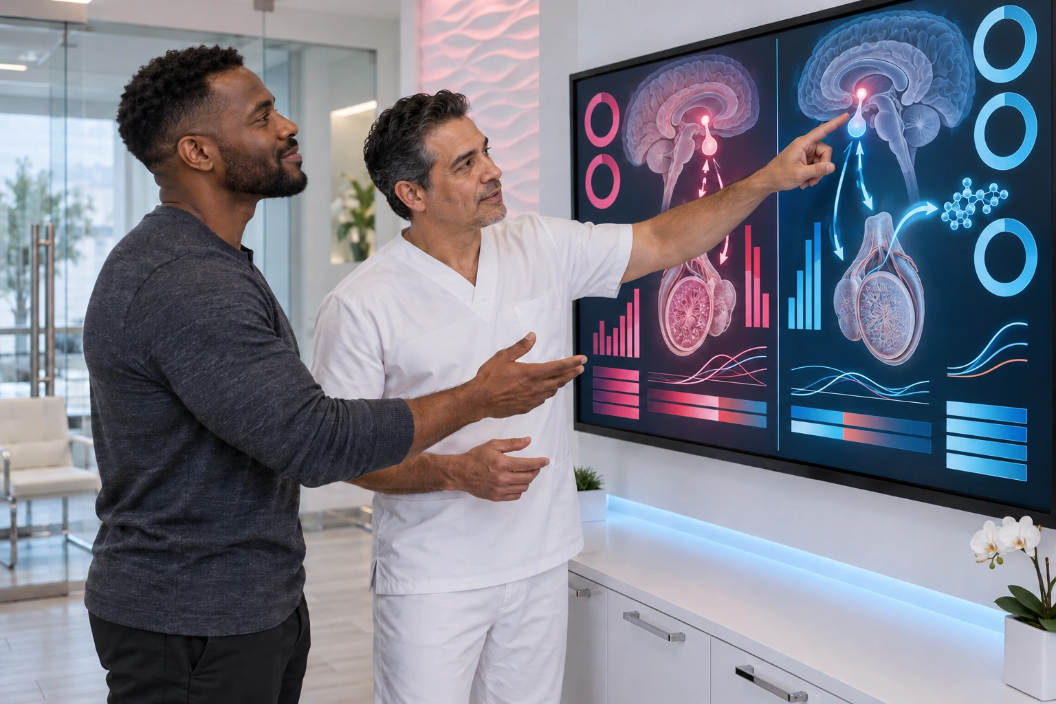 Two men stand beside a large wall display in a glass-partitioned white clinical room. The man in white points at a brain illustration while the man in charcoal gestures toward paired brain-and-testis diagrams surrounded by pink and blue rings, bars and curves; pink relief-wall lighting and blue under-counter lighting frame the scene.