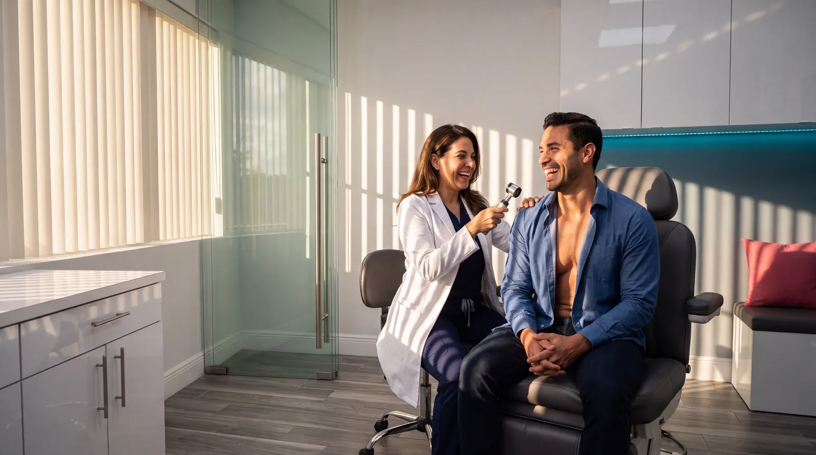 Clinician assessing a patient's sun-exposed shoulder in a bright Miami exam room striped with sunlight