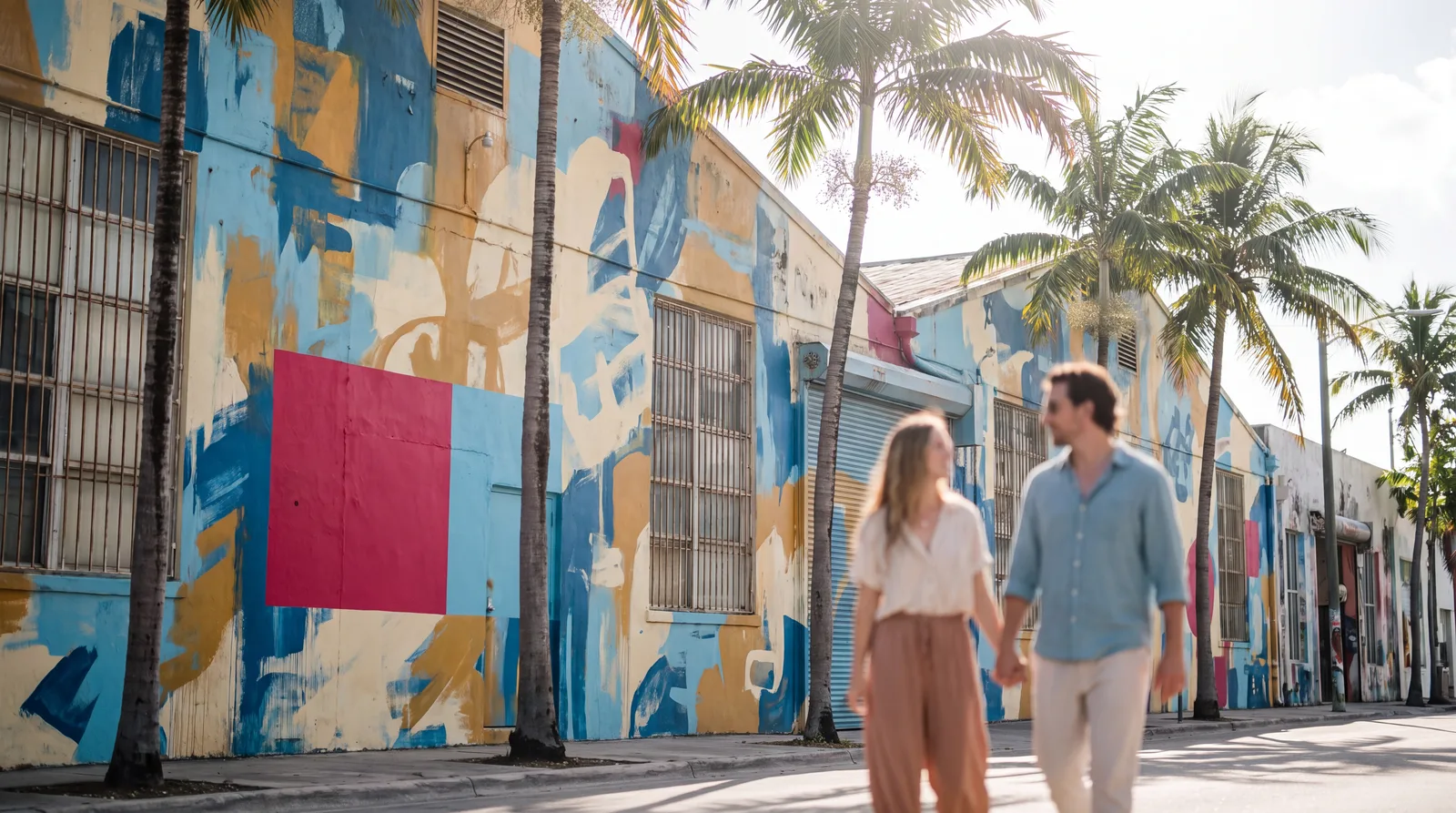 Wynwood street with colourful murals on a bright Miami afternoon