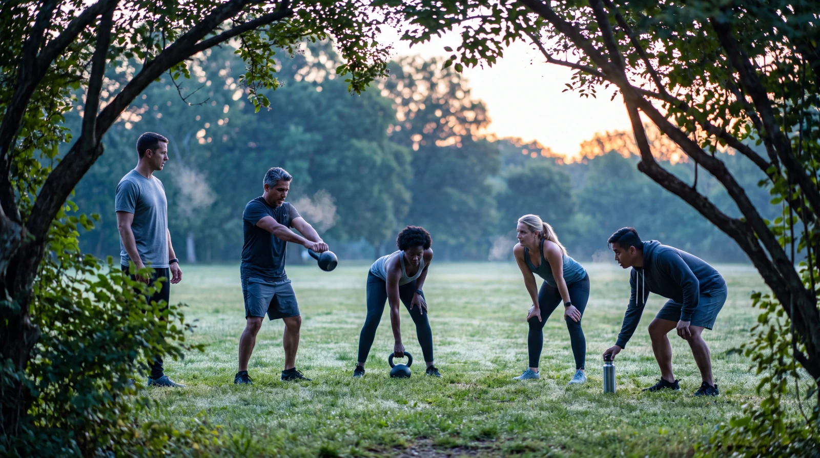 Small group training outdoors in a Miami park at first light