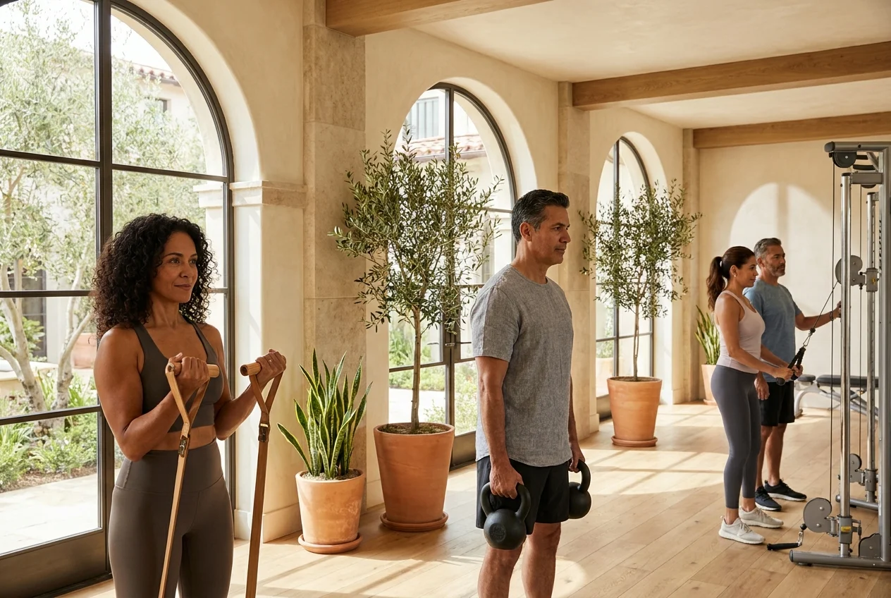 Diverse group of active adults in their 40s and 50s performing resistance training, bathed in moody editorial lighting
