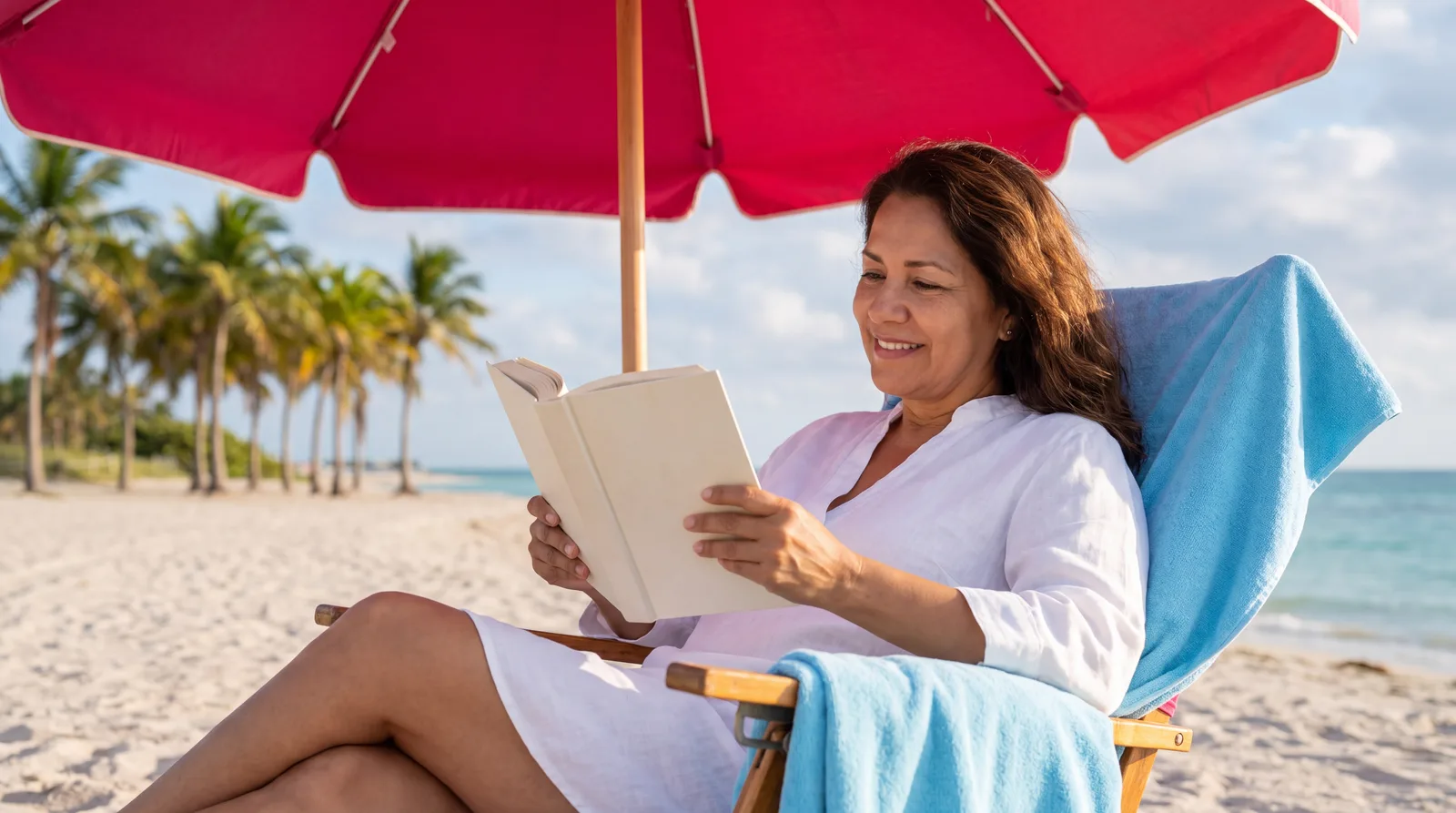 Woman in her fifties reading a book on a Key Biscayne beach chair in the afternoon