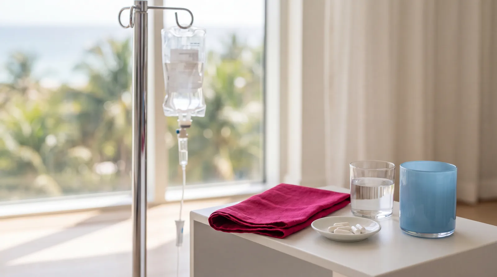 Close-up of a clear IV bag hanging beside a small dish of plain capsules