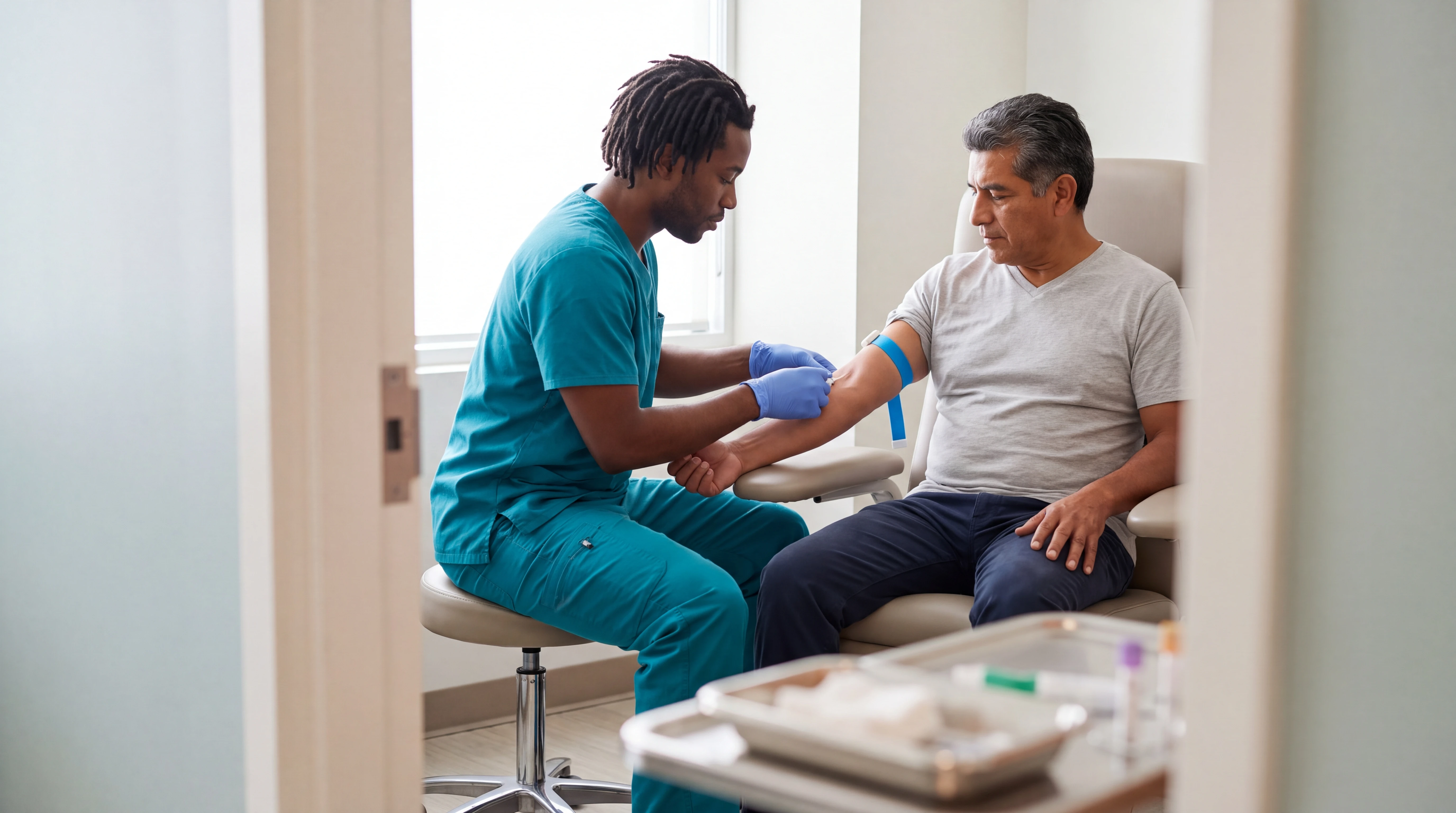 Nurse drawing blood from a patient's arm in a bright Miami clinic room