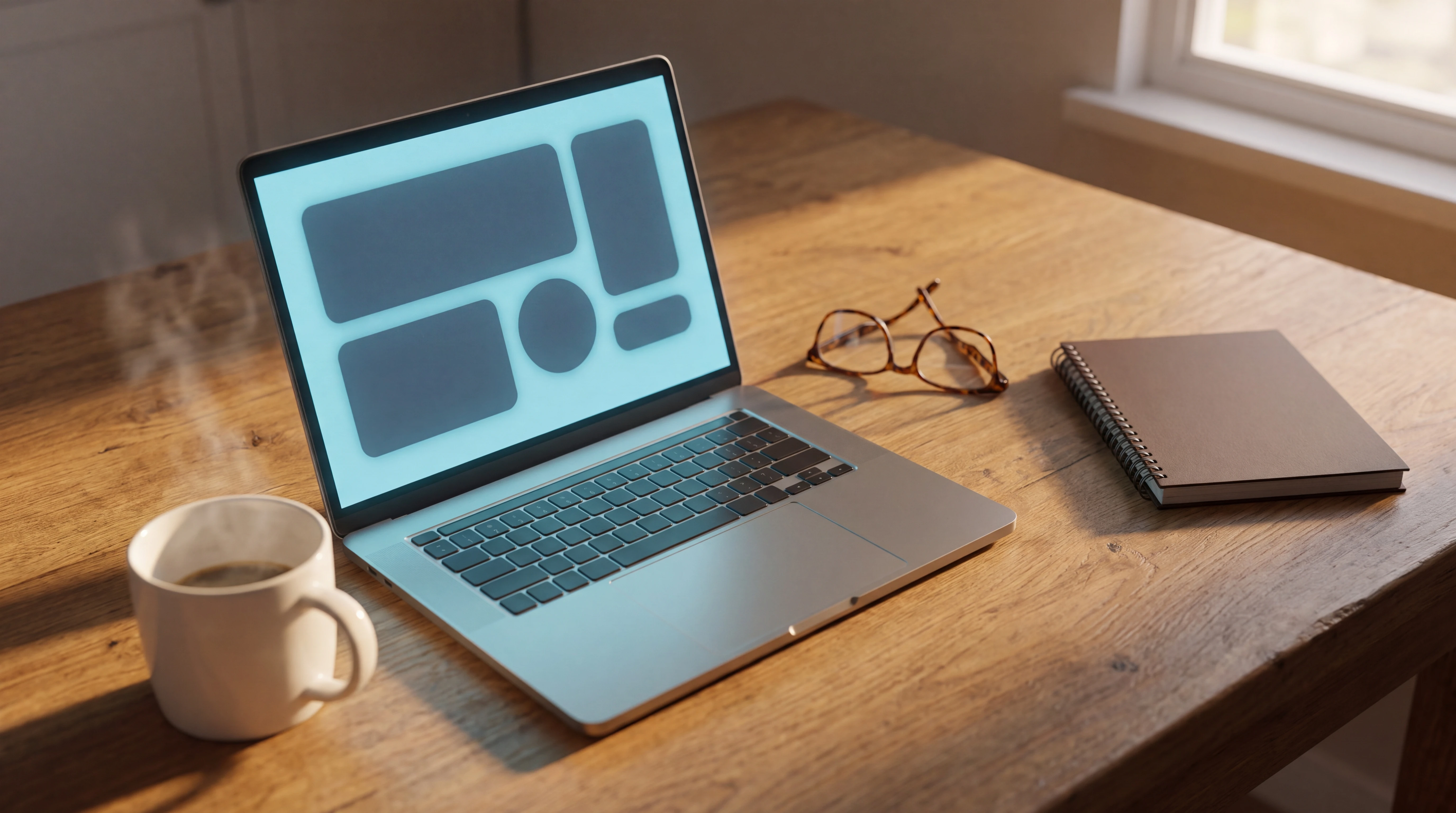 Open laptop on a kitchen table showing a blank video call layout during a telehealth review