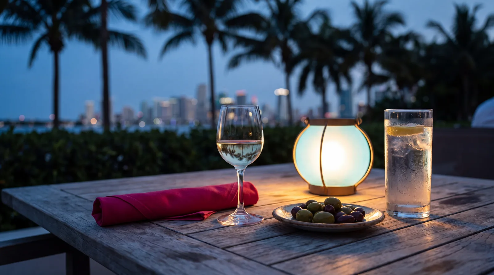 A single glass of white wine beside a tall glass of water on a patio table at dusk