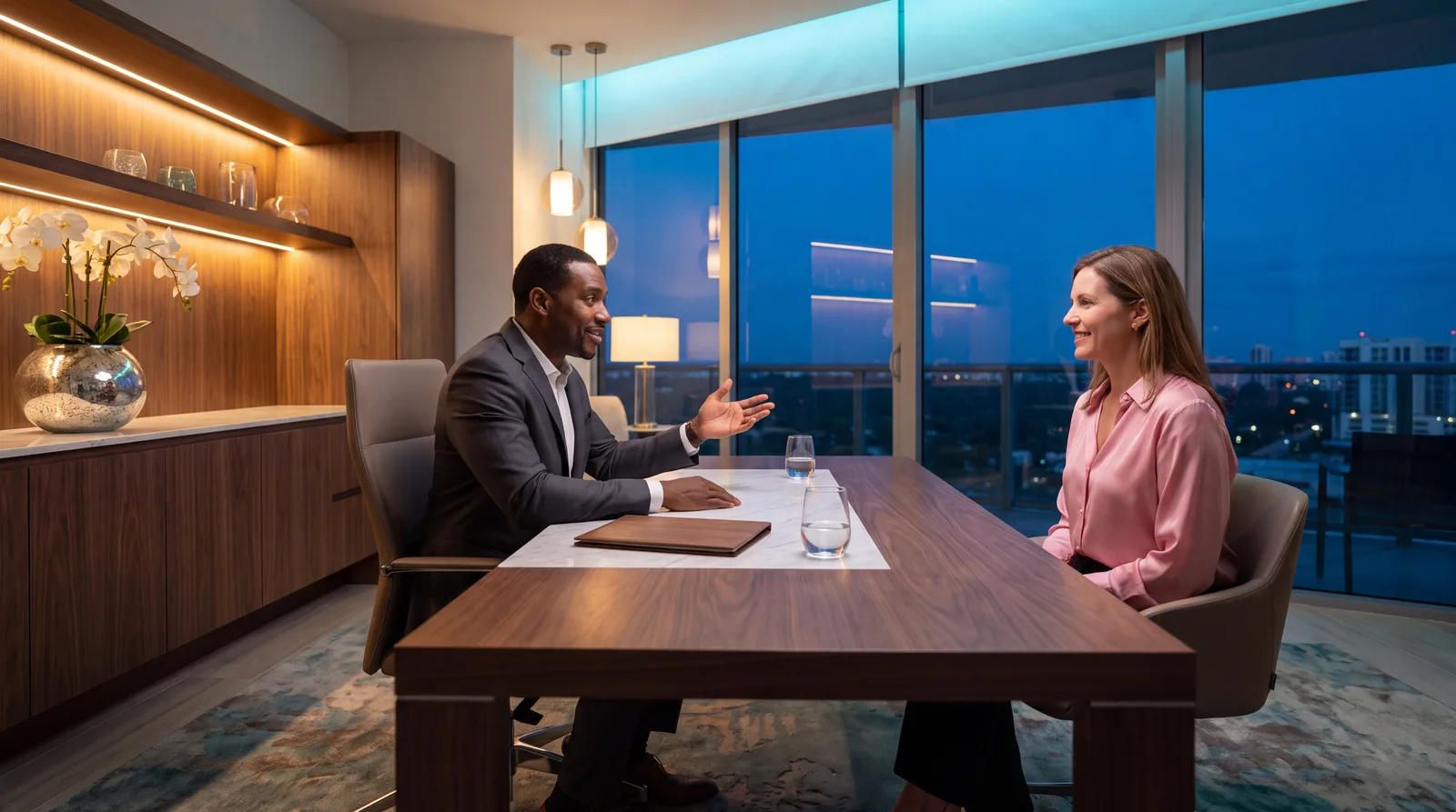 Clinician and patient in conversation across a walnut consultation desk