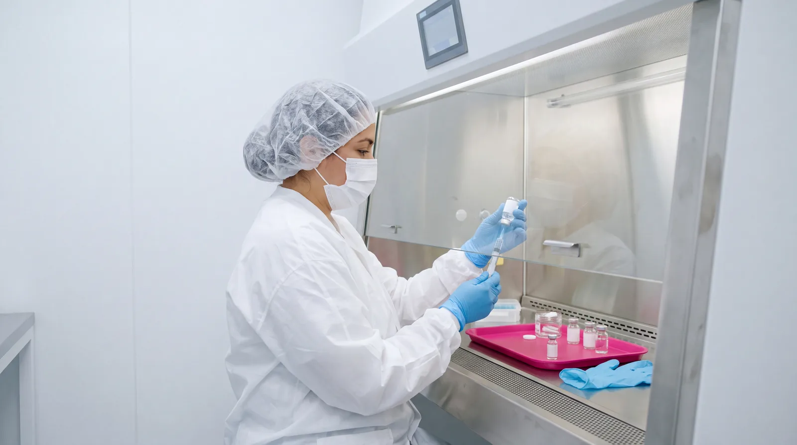 Pharmacy technician compounding medication under a sterile laminar-flow hood