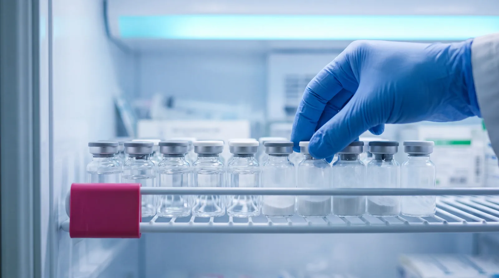 Row of small unlabelled peptide vials on a shelf inside a clinic refrigerator