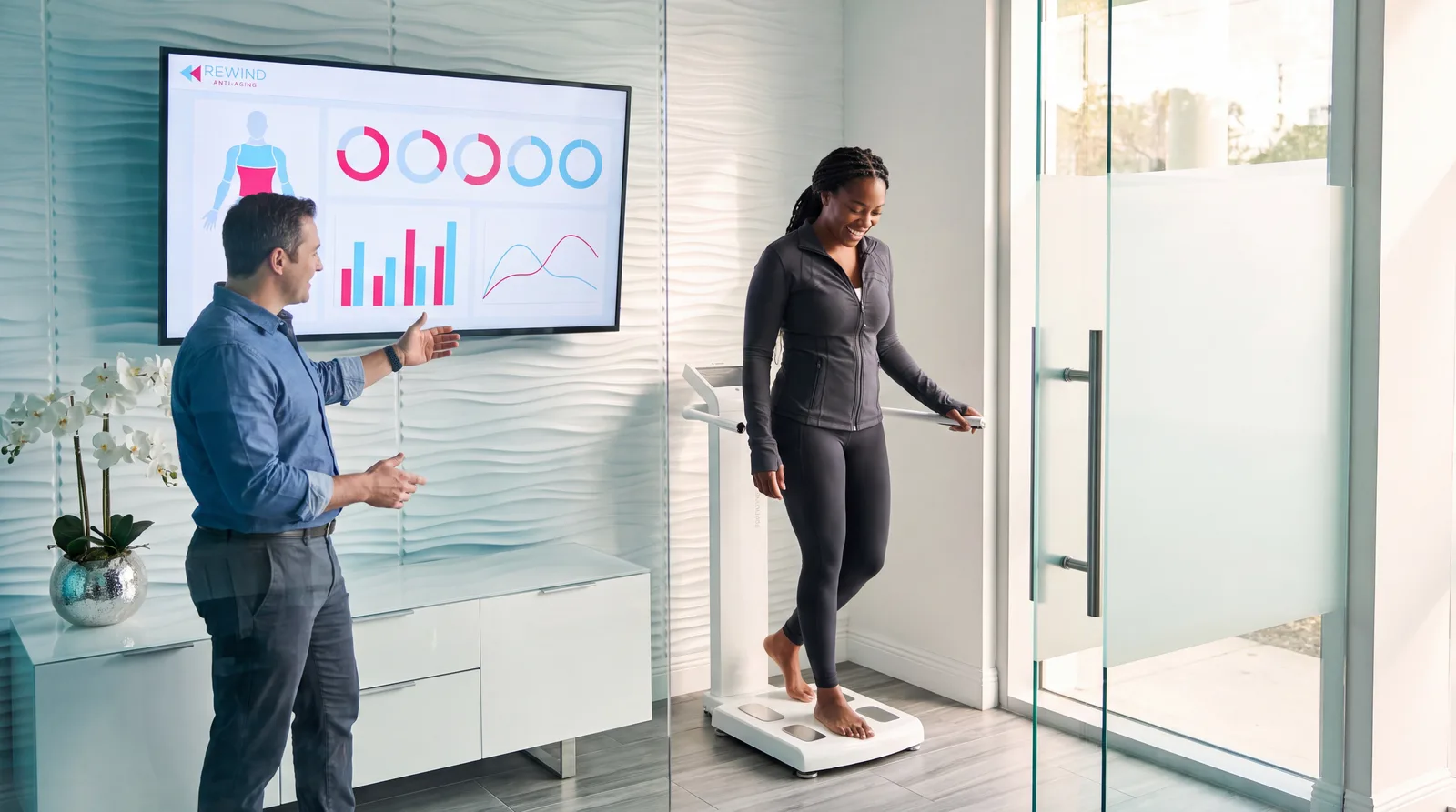 Woman stepping off a white body-composition analyser as a clinician reviews her results on a wall screen
