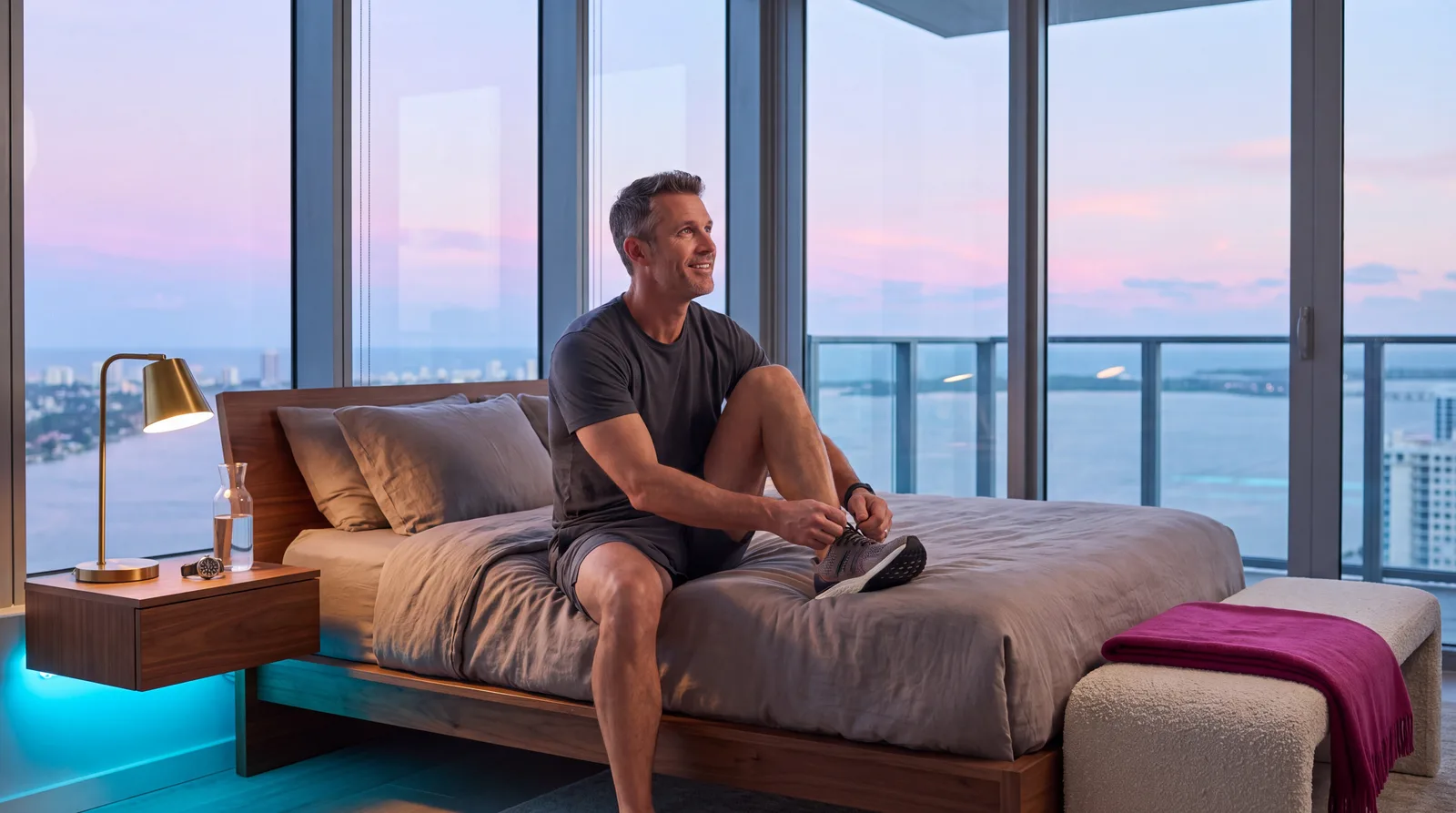 Man waking refreshed at dawn in a Miami high-rise bedroom, lacing running shoes by the window
