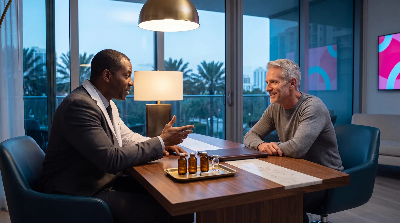 Physician and male patient talking across a walnut desk with a small tray of plain vials and syringe