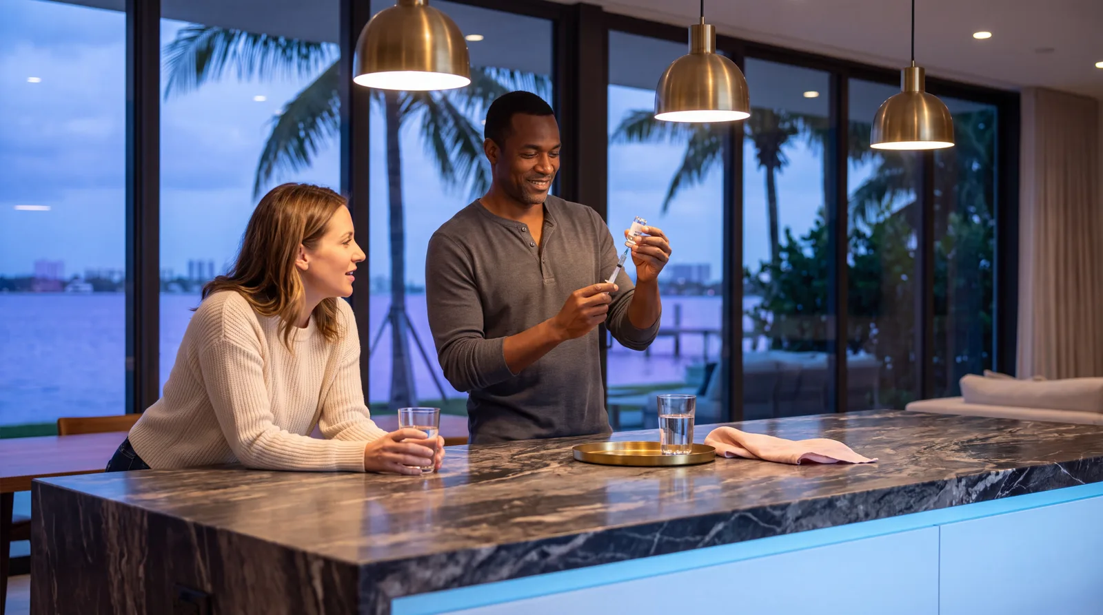 Man in his forties preparing a small evening subcutaneous injection at a marble kitchen island at dusk