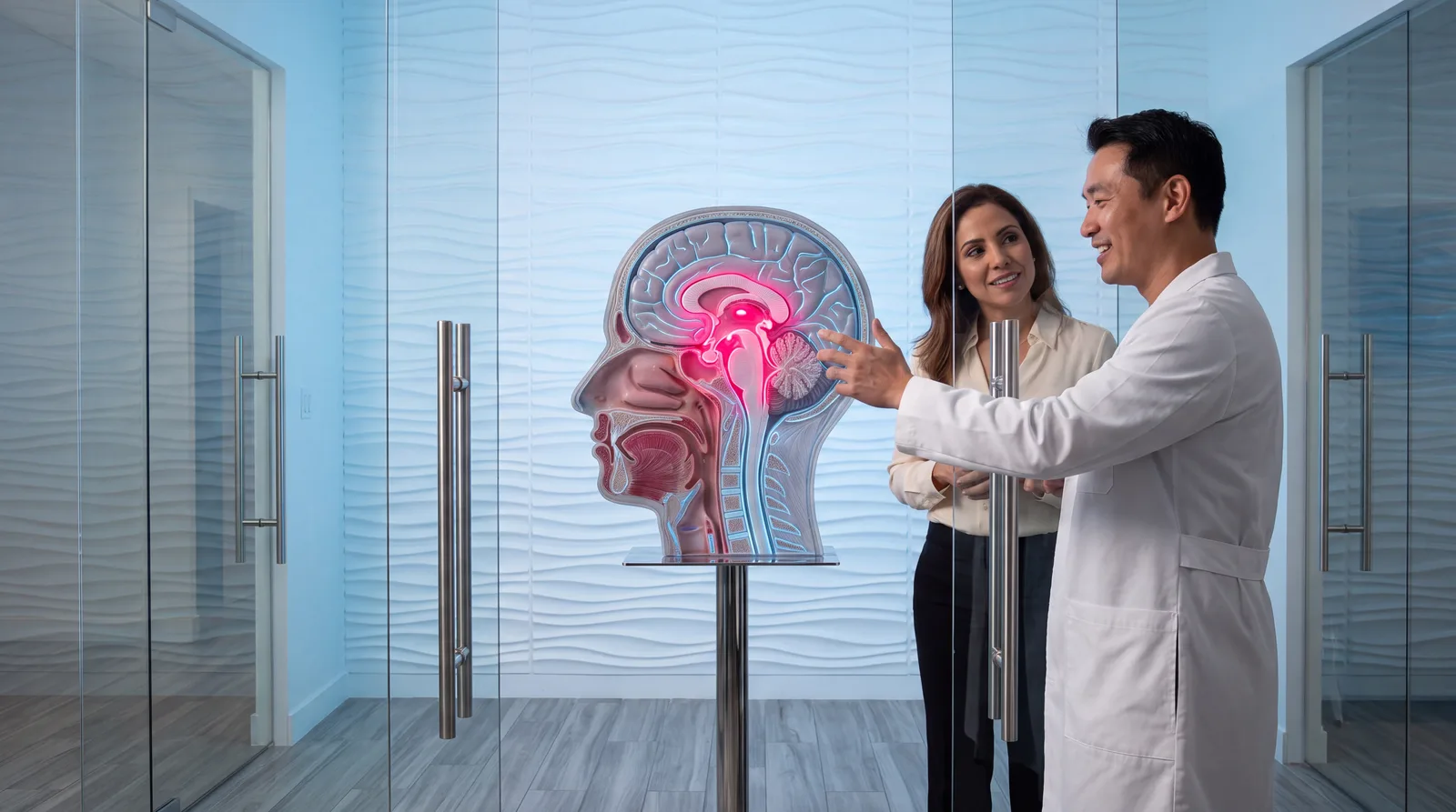 Clinician and patient beside a life-size illuminated sectioned brain model with the hypothalamus glowing magenta