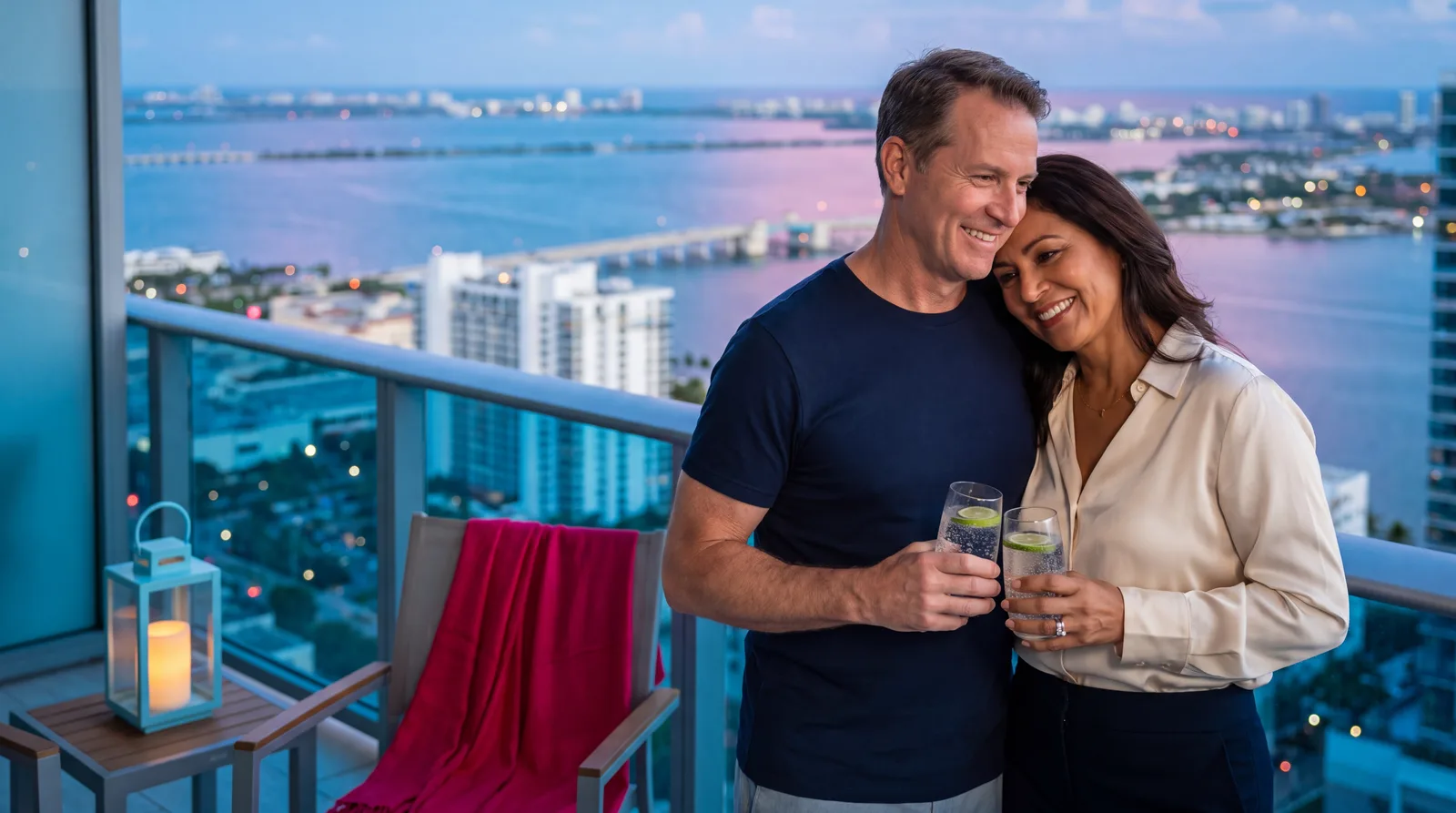 Couple in their fifties sharing a quiet moment on a balcony overlooking the bay at dusk