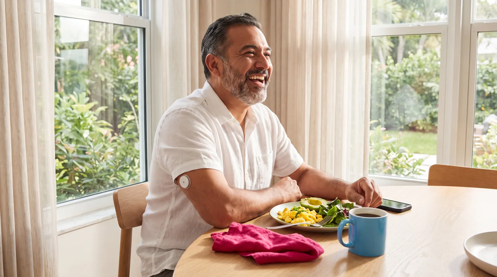 Man in his fifties at his kitchen table wearing a continuous glucose monitor on his upper arm
