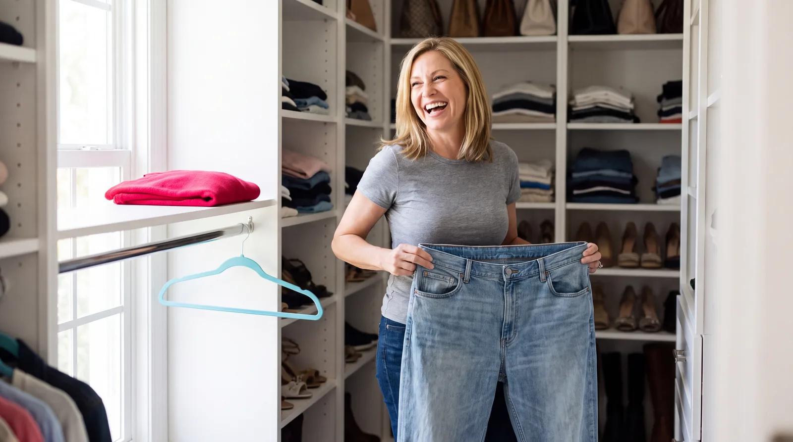 Woman in her fifties laughing as she holds up jeans that are now too big