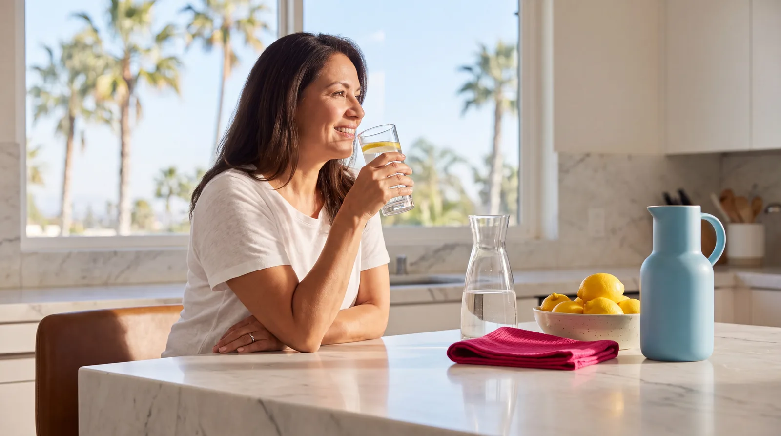 Woman in her fifties drinking a glass of lemon water in her kitchen to stay hydrated
