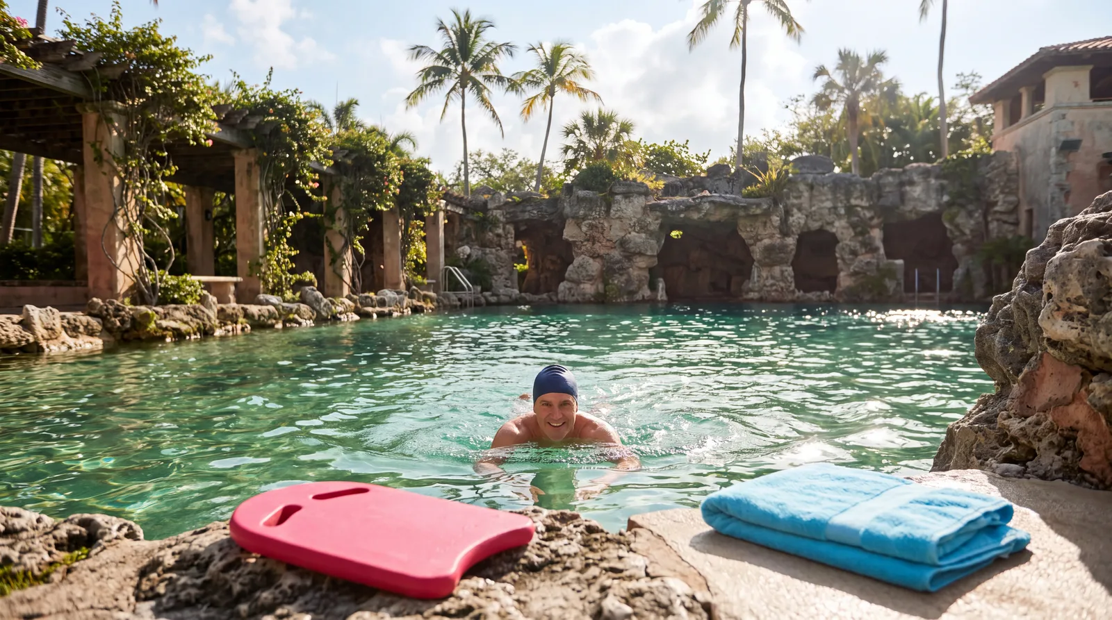 Man in his fifties swimming laps at Coral Gables' Venetian Pool on a bright morning