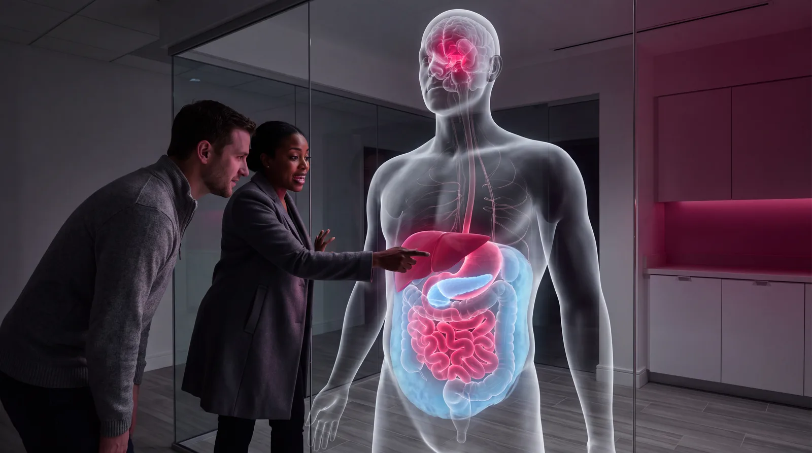 Clinician and patient study a volumetric anatomy render showing brain, gut, pancreas, liver and fat tissue lit up